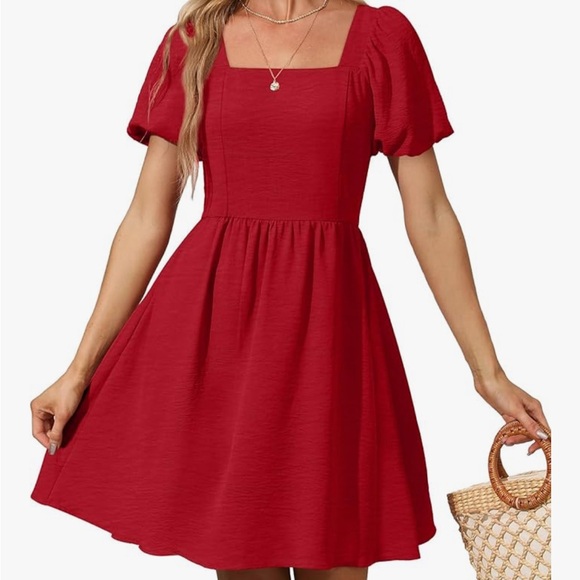 Amazon OFEEFAN Women Puff Sleeve Square Neck Tie in Back Dresses with Zipper - Picture 2 of 8